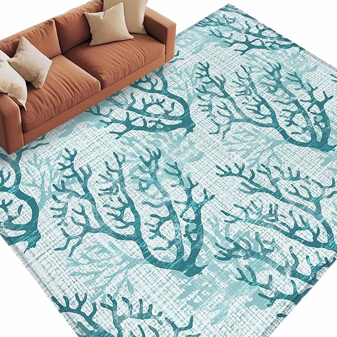 Area Rug 8x10ft, Coastal Sea Coral Retro Linen Washable Rugs for Living Room Bedroom, Underwater Ocean Life Soft Non-Slip Area Rugs Rectangle Floor Carpet for Dining Room