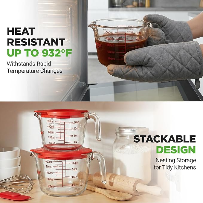 NutriChef 2 and 4 Cups Glass Measuring Cup Set with Lids (17 & 34 oz) - Heat-Resistant Borosilicate Liquid Measure Cups with Easy-Read Scale for Cooking, Baking and Food Storage, Dishwasher Safe