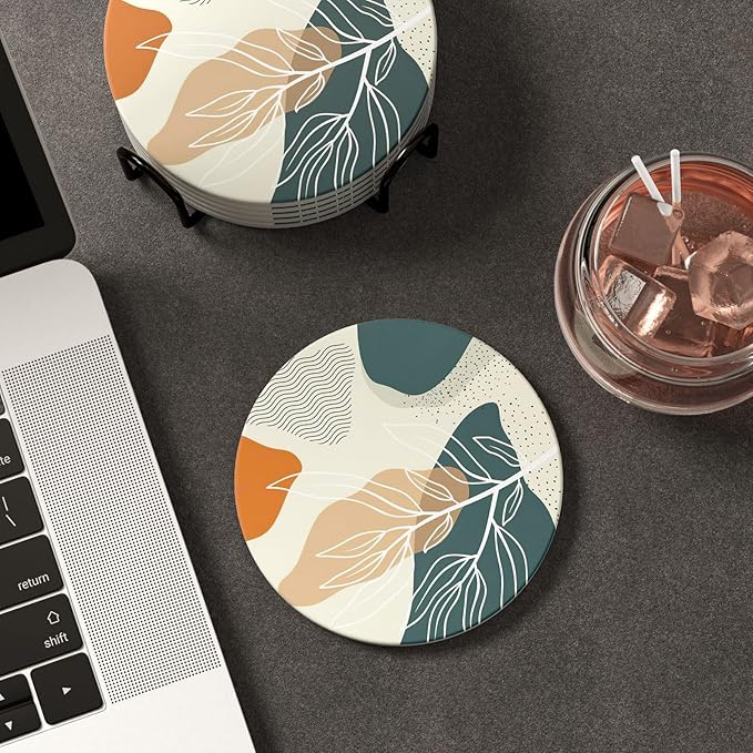 Nipichsha Coasters for Drinks, Set of 6 Cute Absorbent Ceramic Drink Coasters for Cup with Holder and Cork Base, Kitchen Home Decor Housewarming Gift, Round 4 in, Abstract Boho Leaf