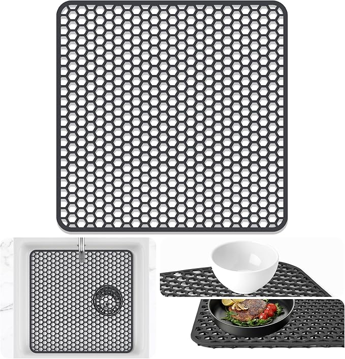 Sink Protectors Mat - 12"x12" Kitchen Sink Pad for Bottom of Basin for Protection of Stainless Steel and Tableware, Farmhouse Rubber Basin Mat Protector - Dark Gray