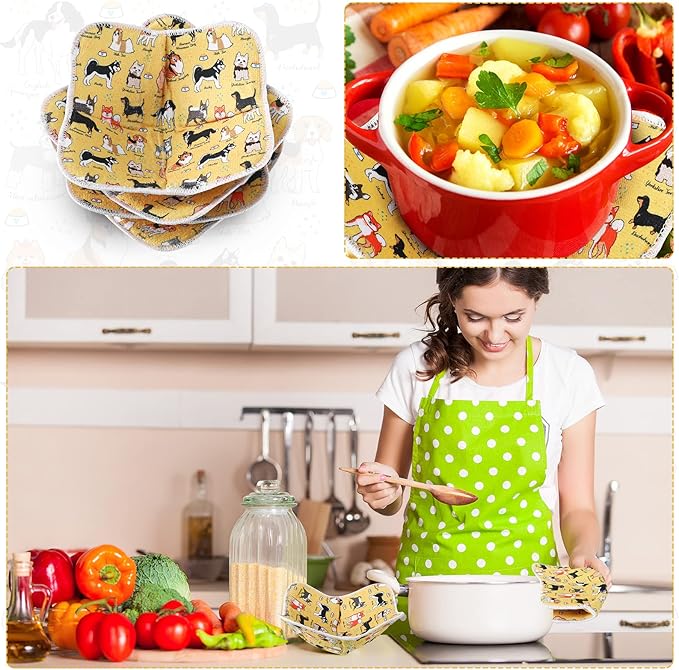 Cunhill Microwave Bowl Holders 4 Pcs Bowl Potholders Hot Holder Multipurpose Hot Heat Proof Plate Holder Pot Holders for Kitchen Supplies(Dog Style, Yellow)
