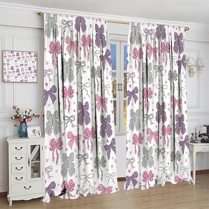 Bowknot Blackout Curtain,Kids Girls Cute Bow Tie Print Pink Purple Window Curtains for Dining Room Living Room Kitchen Cafe Bedroom Office Nursery Drapes,84x84 in