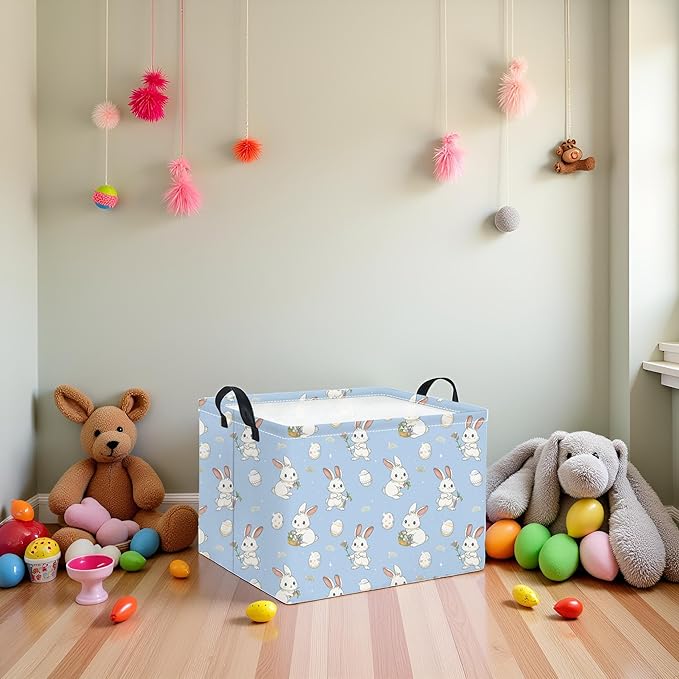 HIYAGON Rectangular Easter Basket for Kids Baby Easter Basket for Boys and Girls Cute Toy Storage Organizer Bin Box Easter Egg Room Decor(Blue Easter)