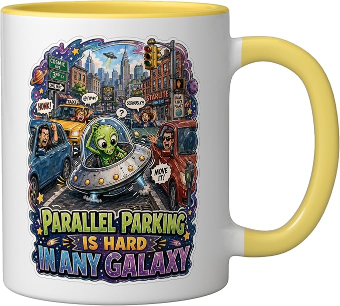 Parallel Parking Is Hard In Any Galaxy Ceramic Mug, Yellow/White