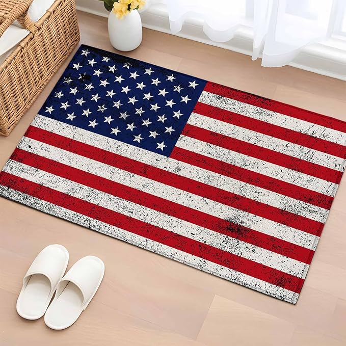 Area Rug 2x3ft, Independence Day Stars Stripes Retro Washable Rugs for Living Room Bedroom, Patriotic Flag Red Blue Soft Non-Slip Area Rugs Rectangle Floor Carpet for Dining Room