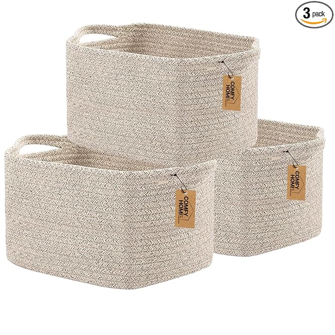 COMFY-HOMI 3PACK Cotton Rope Woven Basket With Handles for Shelves, Toy, Book, Cloth Storage Basket for Organizing|13.5" x 11" x 9.5" Decorative Nursery Cube Bin for Living Room（all brown）