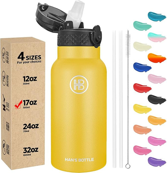 Han's Bottle Kids Water Bottle with Straw Lid - Insulated Stainless Steel Reusable Tumbler for Girls,Boys,Thermo Mug,17oz,Ginger