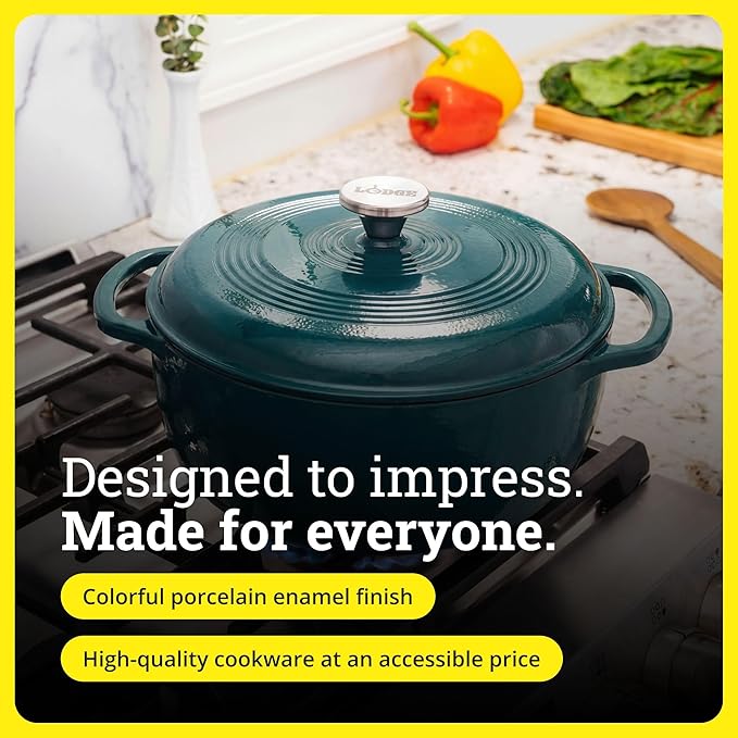 Lodge Essential Enamel Cast Iron Dutch Oven - Perfect for Bread Baking, Braising, Marinating & Slow Cooking - Features Moisture-Sealing Lid & Dual Handles - Kitchen Essentials - 6 Quarts - Lagoon