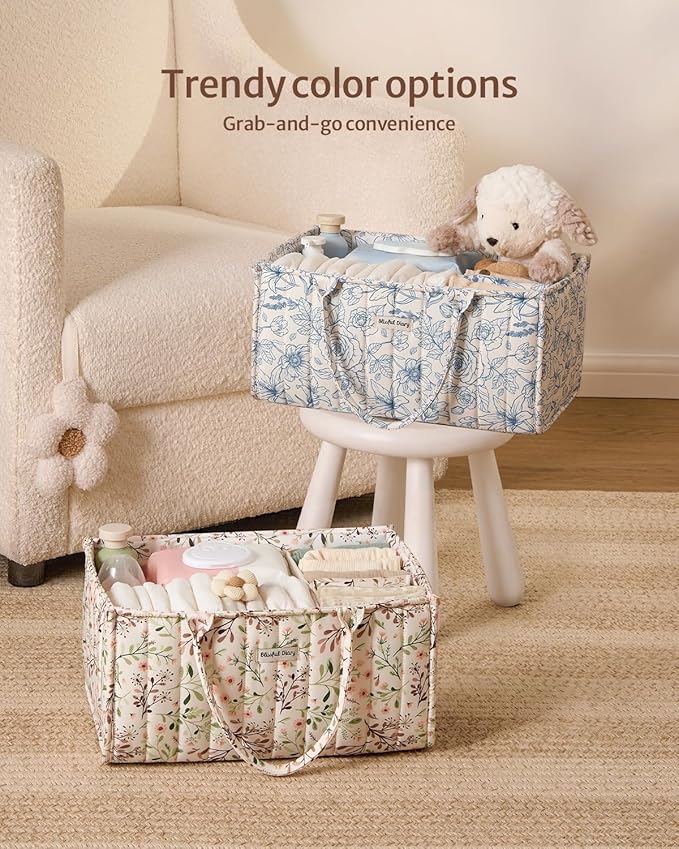 Quilted Fabric Storage Basket Floral Baby Diaper Caddy Quilted Basket Organizer for Newborn Nursery Bedroom Car Storage