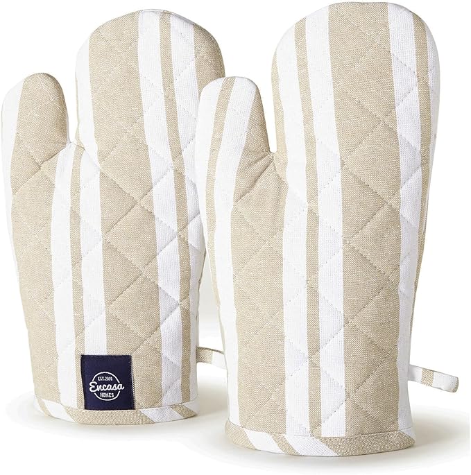 Encasa XO Long 12"x7" Oven Microwave Hand Gloves Mitts (2 pc Set) for Kitchen Cooking & Baking - Heat Resistant, Thick & Safe, Protection of Hands from Hot Utensils - Franca Beige Stripes