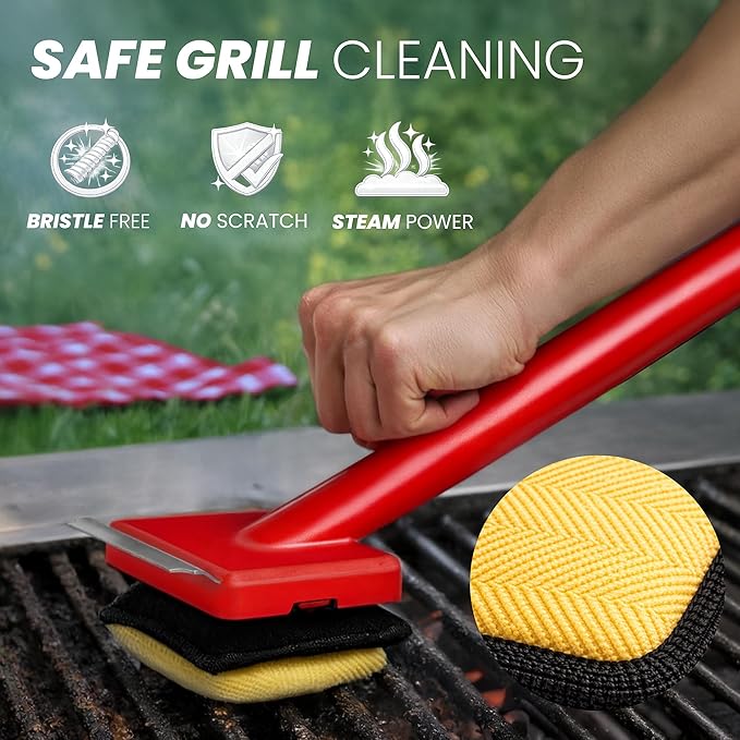 Grill Brush Bristle Free with 3 Replacement Brush Heads, Easy-Fit Cleaning Tool for Cast Iron/Stainless Steel Grates, Safe Barbecue Grill Cleaner