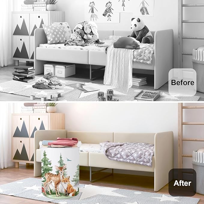 Forest Animals Baby Laundry Hamper Collapsible Clothes Kids Storage Basket Bear Fox Large Boys Girls Gift Toy Box Bin for Nursery, Deer, 63L