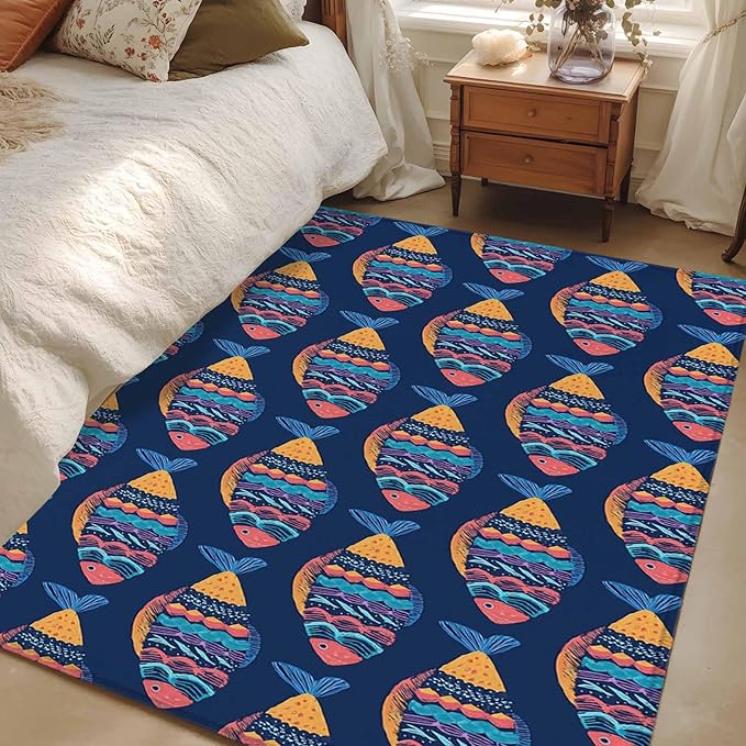 Area Rug 4x6ft, Ethnic Style Ocean Fish Washable Rugs for Living Room Bedroom, Watercolor Marine Life on Navy Blue Soft Non-Slip Area Rugs Rectangle Floor Carpet for Dining Room