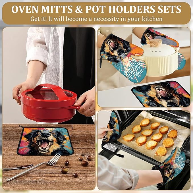 Colorful Happy Dog Oven Mitts and Pot Holders Sets 4Pcs Dog Lover Silicone Kitchen Gloves Heat Resistant Potholders for Baking Cooking Grilling BBQ