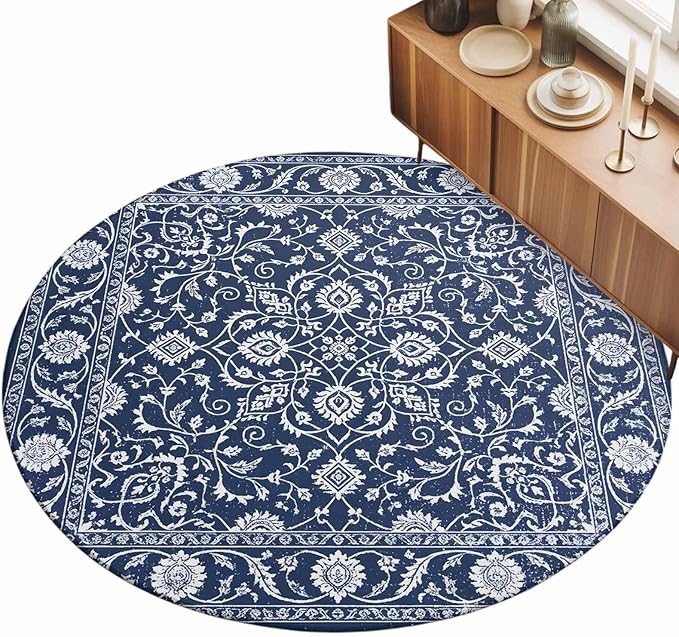 Washable Round Area Rug Navy Blue Paisley Floral Texture Circle Rugs Floor Carpet for Living Room Bedroom, Vintage Tribe Flower Soft Non Slip Round Rug 5ft