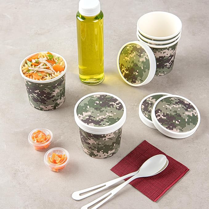 Restaurantware LIDS ONLY: Bio Tek Soup Container Lids 200 Disposable Bowl Lids For 12 Ounce Soup Cups - Containers Sold Separately Vented Camouflage Paper Soup Container Lids Round