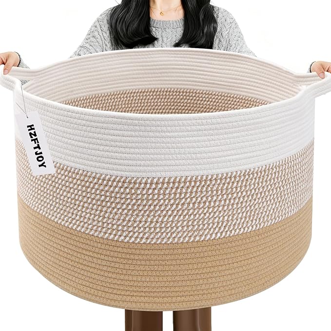 65L Large Blanket Basket, 19.7" L x 19.7" W x 13" H Cotton Rope Woven Storage Basket,Laundry Hamper for Toys, Clothes, Pillows & Towels, Perfect for Living Room, Nursery & Bedroom,Yellow