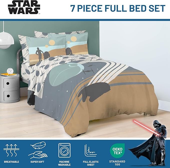 Jay Franco Star Wars Full Size Comforter Set - 7 Piece Bedding Includes Sheet Set & Pillow Covers - Super Soft Cozy Bedding with Death Star and Millennium Falcon