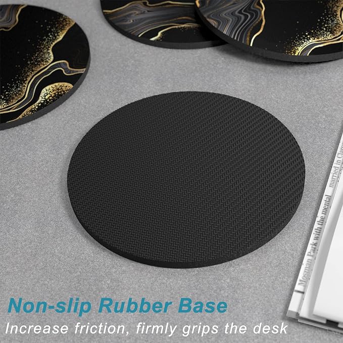 Nipichsha Coasters for Drinks, Set of 6 Cute Absorbent Rubber Drink Coasters for Cup with Non Slip Backing, Kitchen Home Decor Housewarming Gift, Round 4 in, Luxury Black Marble