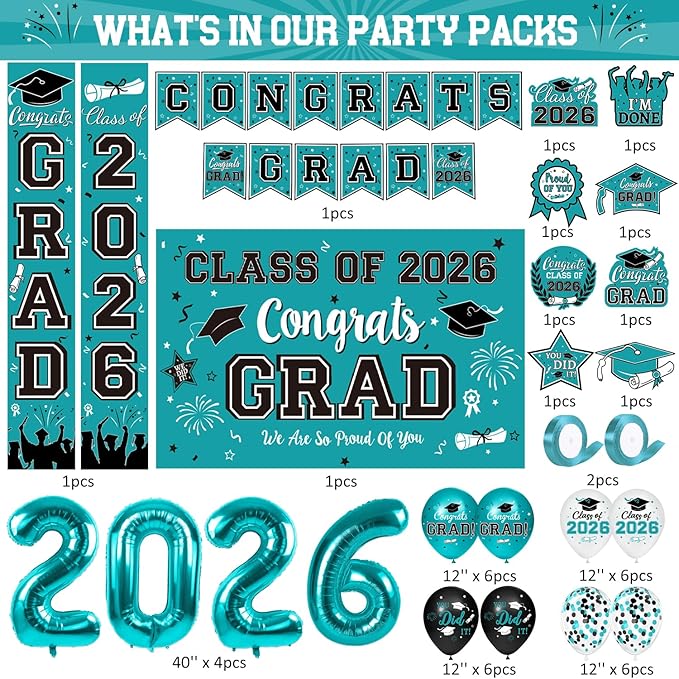 Graduation Teal Decorations 2026 Include Grad Backdrop, Banner, Hanging Swirls, Porch Sign, Balloons for Congrats Grad Party Decorations