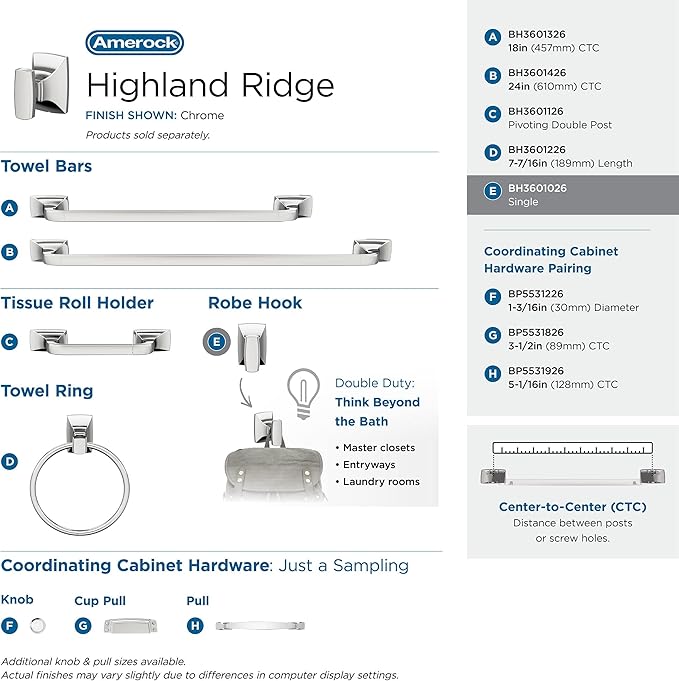Amerock BH3601026 | Chrome Single Robe Hook | 2-5/8 in. (67 mm) Length Towel Holder | Highland Ridge | Towel Hook for Bathroom | Bathroom Hardware | Bath Accessories