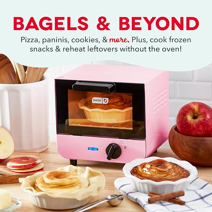 Dash Mini Toaster Oven - Sleek & Stylish - For Creative Homemade Treats - Compact, Space-Saving Design - adjustable temperature dial - Removable Baking Tray - Pink