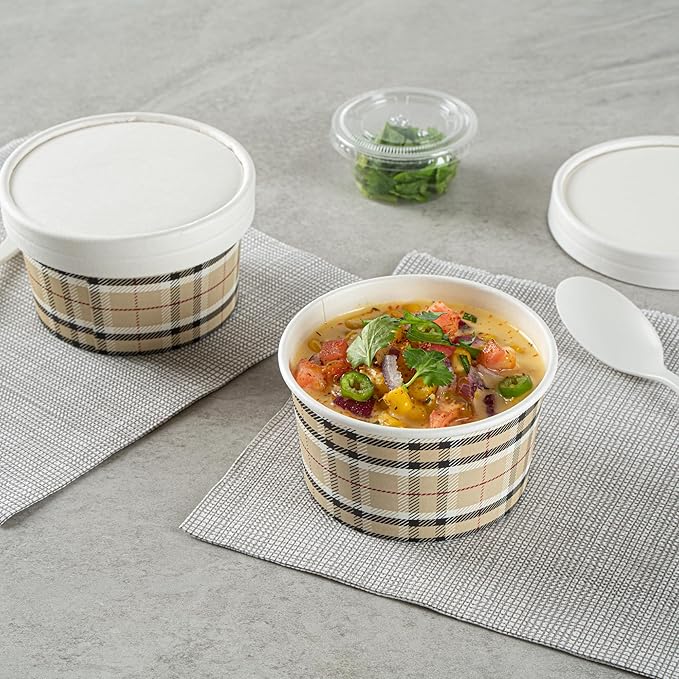 Coppetta 8 Ounce Dessert Cups, 80 Disposable Ice Cream Cups - Lids Sold Separately, Sturdy, Plaid Paper FroYo Bowls, For Hot And Cold Foods, Perfect For Gelato Or Mousse - Restaurantware