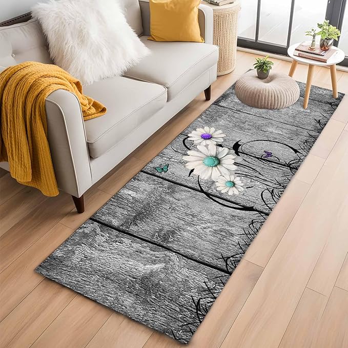 Runner Rug for Bedroom Hallway, Farm Daisy Shabby Wood Grain Kitchen Runner Rugs Area Rug 2x6ft, Vintage Flower Plant Butterfly Washable Soft Floor Carpet for Entryway Stair