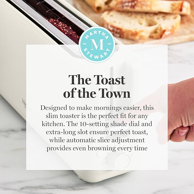 Martha Stewart 2 Slice Long Slot Toaster, Extra Wide for Sourdough & Bagels, 10 Setting Shade Control, Removable Crumb Tray, Self-Centering Design, Defrost/Reheat, Cancel, Slim Space-Saving, Linen