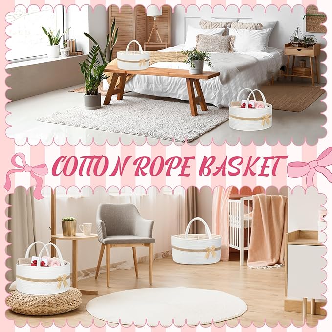 Yinkin 1 Pcs Extra Large Cotton Rope Storage Basket with Handles and Removable Divider Woven Gift Baskets with Bow for Closet Bedroom Nursery Toys Organizing, 14.17 x 8.66 x 7.09 Inch(White and Brown)