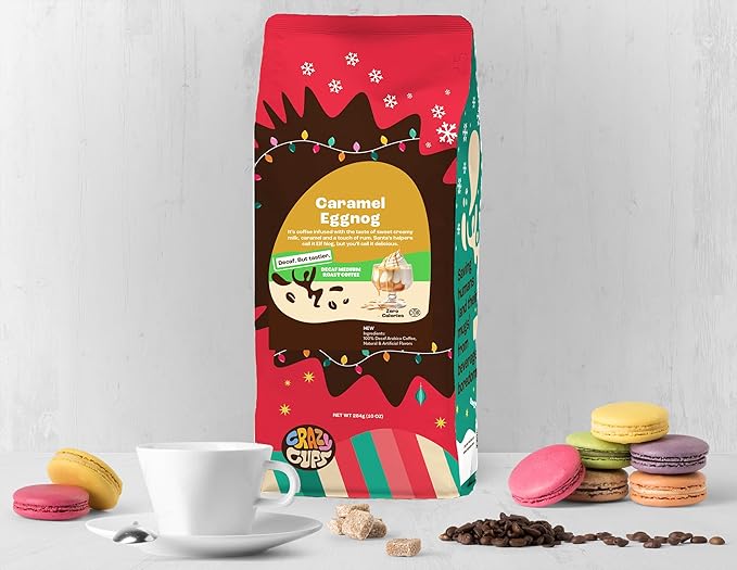 Crazy Cups Decaf Flavored Holiday Ground Coffee Variety Pack, Includes Decaffeinated Holiday Spice, White Christmas, Caramel Eggnog in 10 oz Bags, 3 Pack