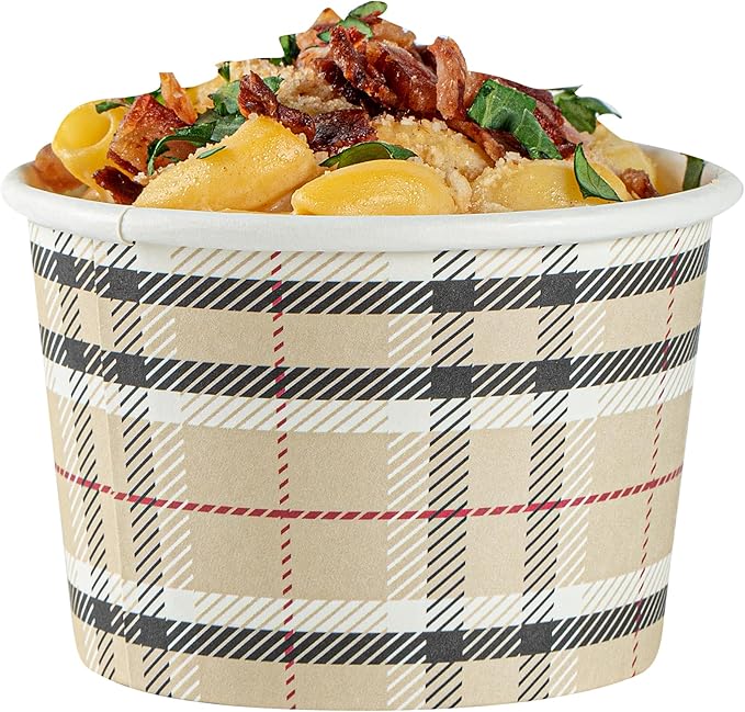 Restaurantware Coppetta 4-Ounce Dessert Cups, 50 Disposable Ice Cream Cups - Lids Sold Separately, Heavy-Duty, Plaid Paper Frozen Yogurt Bowls, For Hot And Cold Foods