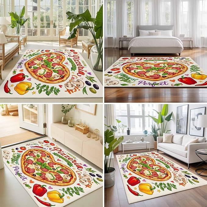 Area Rug 8x10ft, Cartoon Pizza Watercolor Graffiti Washable Rugs for Living Room Bedroom, Farmhouse Vegetable Leaves Soft Non-Slip Area Rugs Rectangle Floor Carpet for Dining Room
