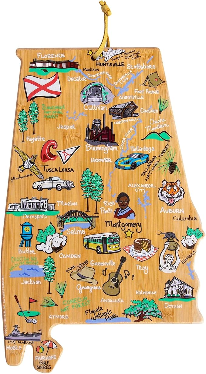 Totally Bamboo Alabama State Shaped Cutting Board and Charcuterie Serving Platter with Artwork by Fish Kiss, Includes Hang Tie for Wall Display