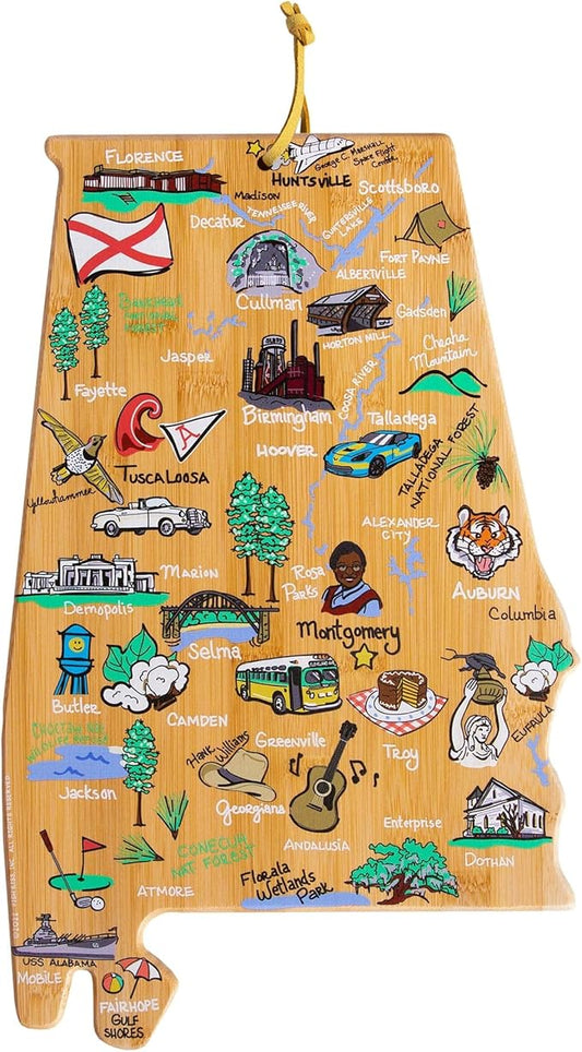 Totally Bamboo Alabama State Shaped Cutting Board and Charcuterie Serving Platter with Artwork by Fish Kiss, Includes Hang Tie for Wall Display