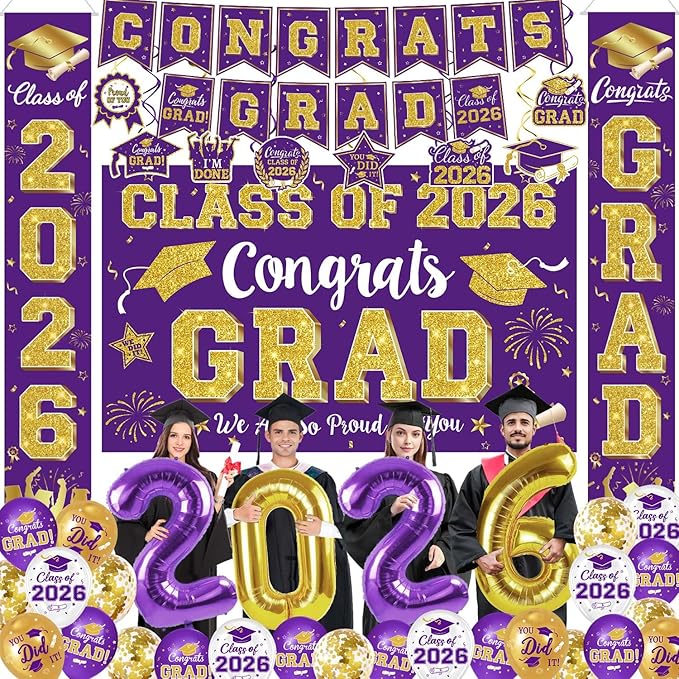 Graduation Decorations Class of 2026, Purple and Gold Graduation Decorations Include Grad Backdrop, Banner, Hanging Swirls, Porch Sign, Balloons for Congrats Grad Party Supplies