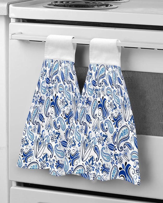 Alandar Home Kitchen Tie Towel Set of 2, Watercolor Paisley Bandanna Absorbent Soft Hand Towels for Bathroom Hanging Towels, Abstract Blue Flowers Fast Drying Cleaning Cloth with Loop