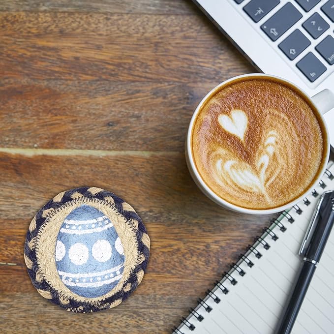 Blue Easter Egg Themed Coasters, Braided Jute with Pastel Design, Woven Coaster Set for Mugs and Cups, Seasonal Kitchen Decor, 5 Inches (Pack of 2)