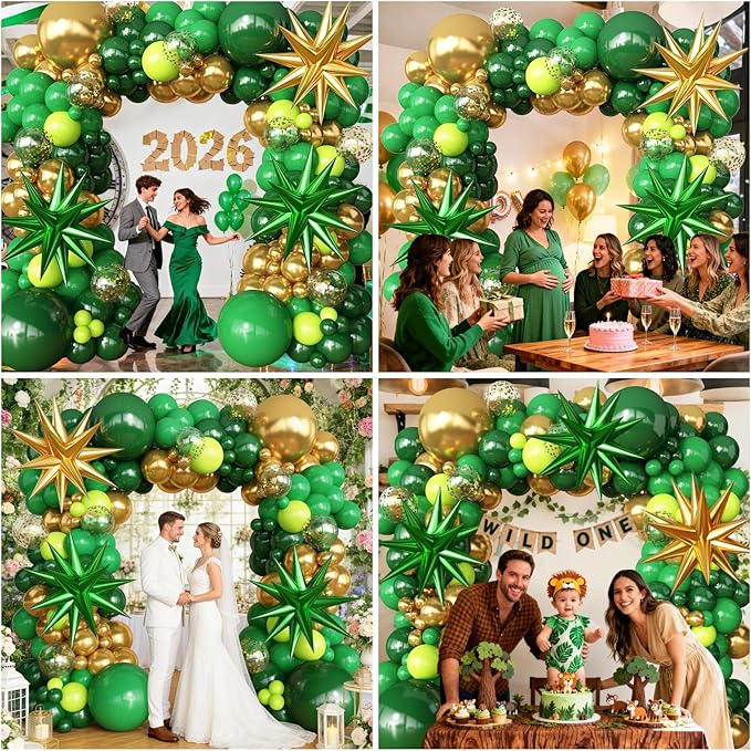 Green and Gold Balloons Garland Arch Kit with Stars Different Shade Green Balloons for Birthday 2026 Graduation Baby Shower Junle Safari Dinosaur Party Anniversary Decorations