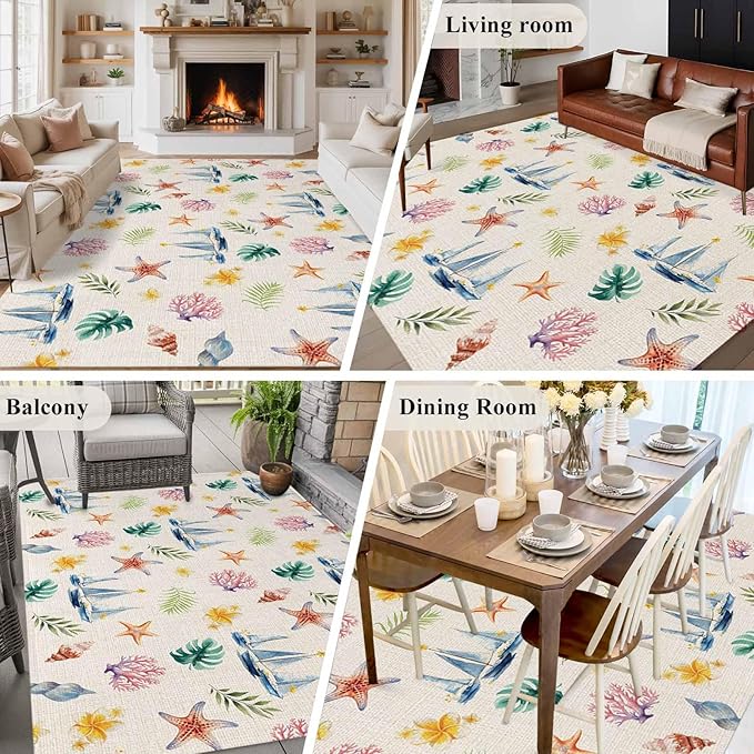 Area Rug 8x10ft, Summer Sea Starfish Sailboat Washable Rugs for Living Room Bedroom, Marine Life Coral on Linen Soft Non-Slip Area Rugs Rectangle Floor Carpet for Dining Room
