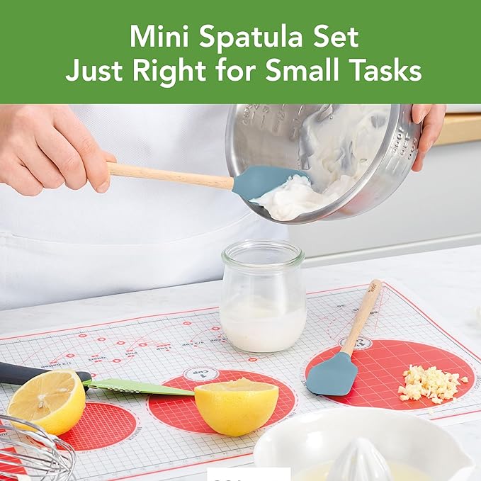 Tovolo Mini Spoon Spatula Wooden Handle Set for Cooking and Baking, Heat Resistant Safe for Cast Iron BPA Free Silicone Mixing Tool Natural Wood Perfect for Scraper Mixing Spooning, Blue Slate