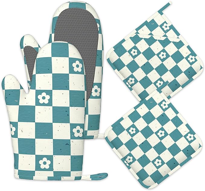 Vintage Groovy Checkered Oven Mitts and Pot Holders Sets of 4, Heat Resistant Flower Silicone Oven Mitts Gloves Non-Slip Kitchen Mittens Potholders for Cooking Baking Grilling BBQ