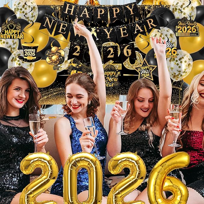 New Years Eve Party Supplies 2026, New Years Decorations Backdrop Banner 2026 Balloons Fringe Curtains Foil Balloons Swirls for NYE Party Backdrop Decor