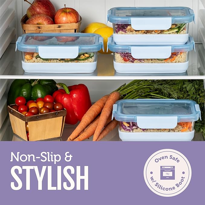Ello Duraglass Refresh 3.4 Cup Meal Prep Sets 10Pc, 5 Pack Set- Glass Food Storage Container with Silicone Boot and Airtight BPA-Free Plastic Lids, Dishwasher, Microwave and Freezer Safe, Melon