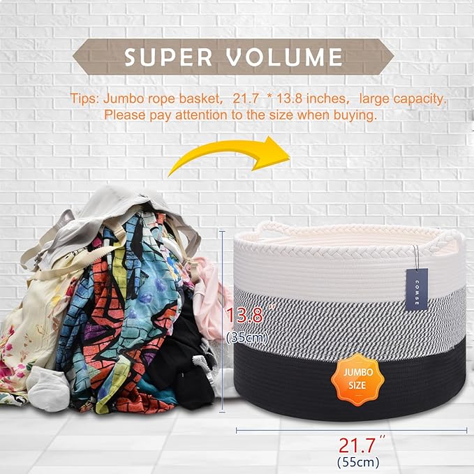 COMSE Extra Large Blanket Basket, Woven Laundry Basket, 21.7”x 13.8”, Nursery Hamper, Cotton Rope Laundry Hamper Living Room for Storage Toys Clothes Towels (White &Gray &Black)