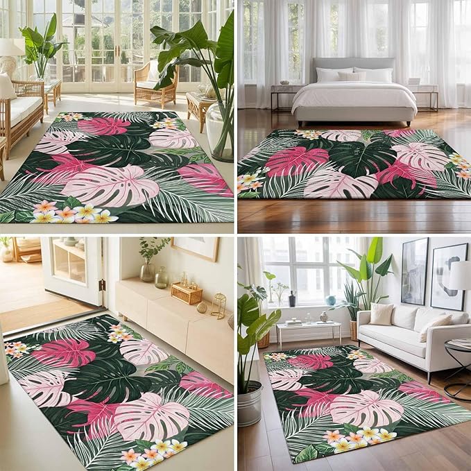 Area Rug 8x10ft, Summer Watercolor Pink Green Leaf Washable Rugs for Living Room Bedroom, Tropical Flower Leaves Plant Soft Non-Slip Area Rugs Rectangle Floor Carpet for Dining Room