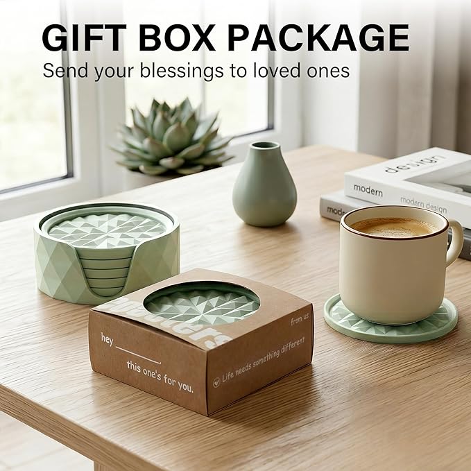 Silicone Coasters for Drinks[6 Pack, Sage Green] Diamond Design Cup Mat with Holder for Tabletop Protection Non Slip, Non Stick, Coffee Table Decor, Great Gift for Any Occasion