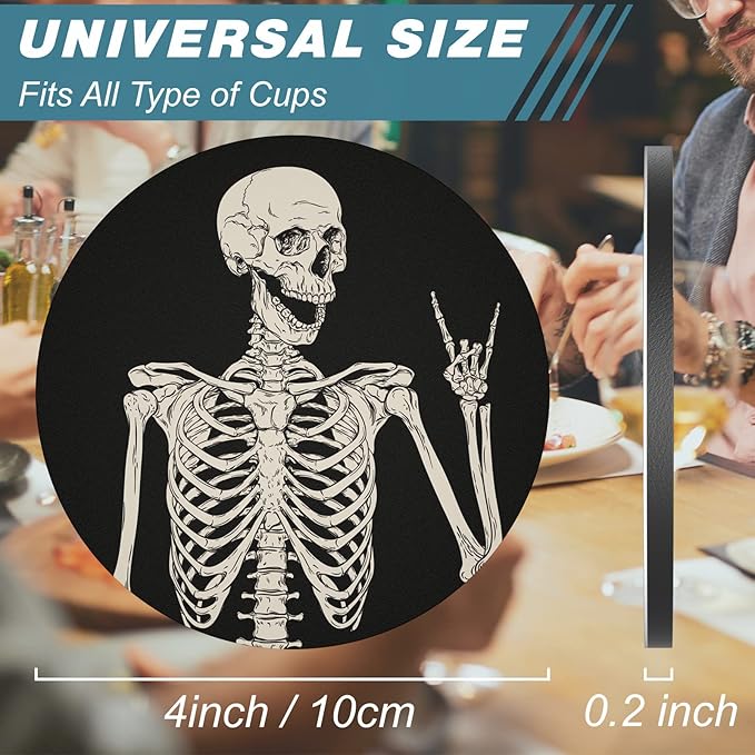 Nipichsha Coasters for Drinks, Set of 6 Cute Absorbent Rubber Drink Coasters for Cup with Non Slip Backing, Kitchen Home Decor Housewarming Gift, Round 4 in, Skull