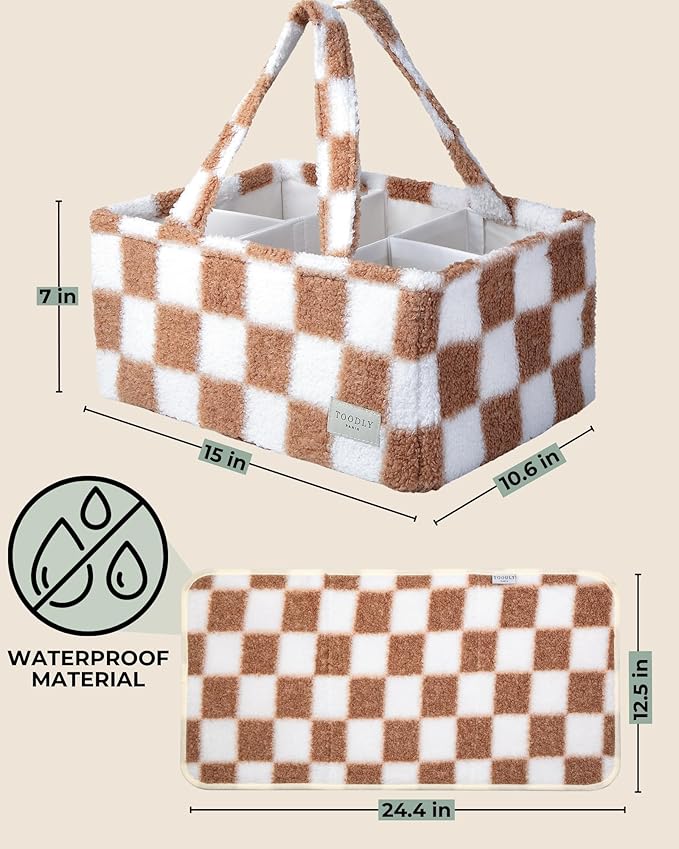 Checkered Diaper Caddy Organizer with Portable Changing Mat - Teddy Fleece Diaper Organizer for Changing Table - Caddy Organizer with Removable Dividers - Light Taupe and White