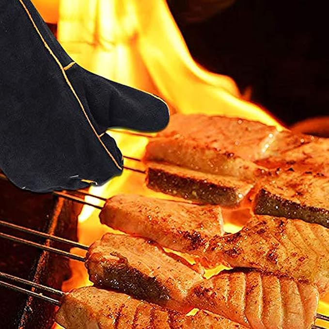 Heat Resistant Gloves for Grill BBQ,Long Sleeve Grill Gloves for Baking,Oven,Fireproof, Stove,Welder,Welding,Fireplace (Bblack-Yellow)
